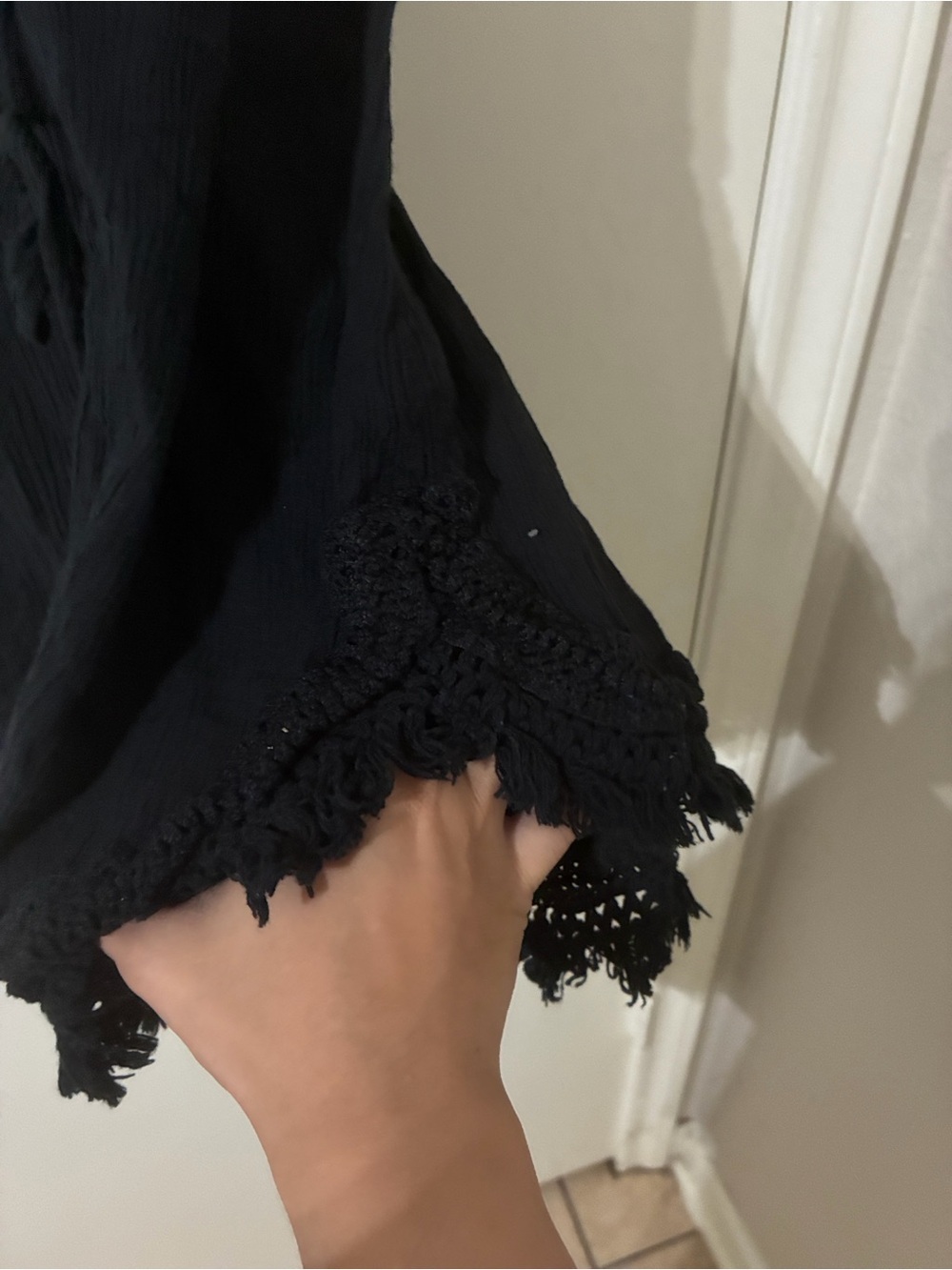 Aerie Black Romper with Crochet Hem & Tassel Waist – Size Small - Picture 7 of 8